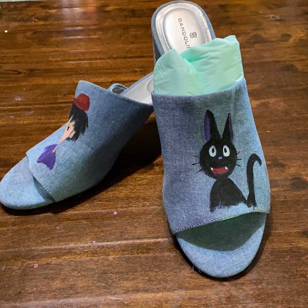 Bandolino Denim Mules Hand Painted Studio Ghibli